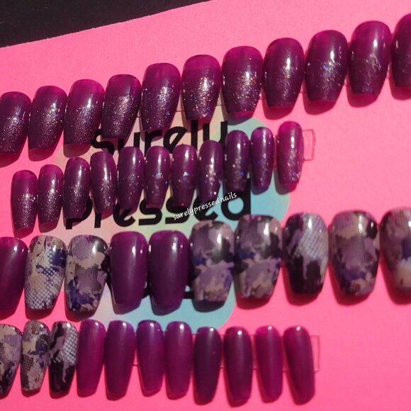 2 Sets -Purple Shimmer and Purple Abstract Design Short Coffin Press on Nails - Picture 1 of 2